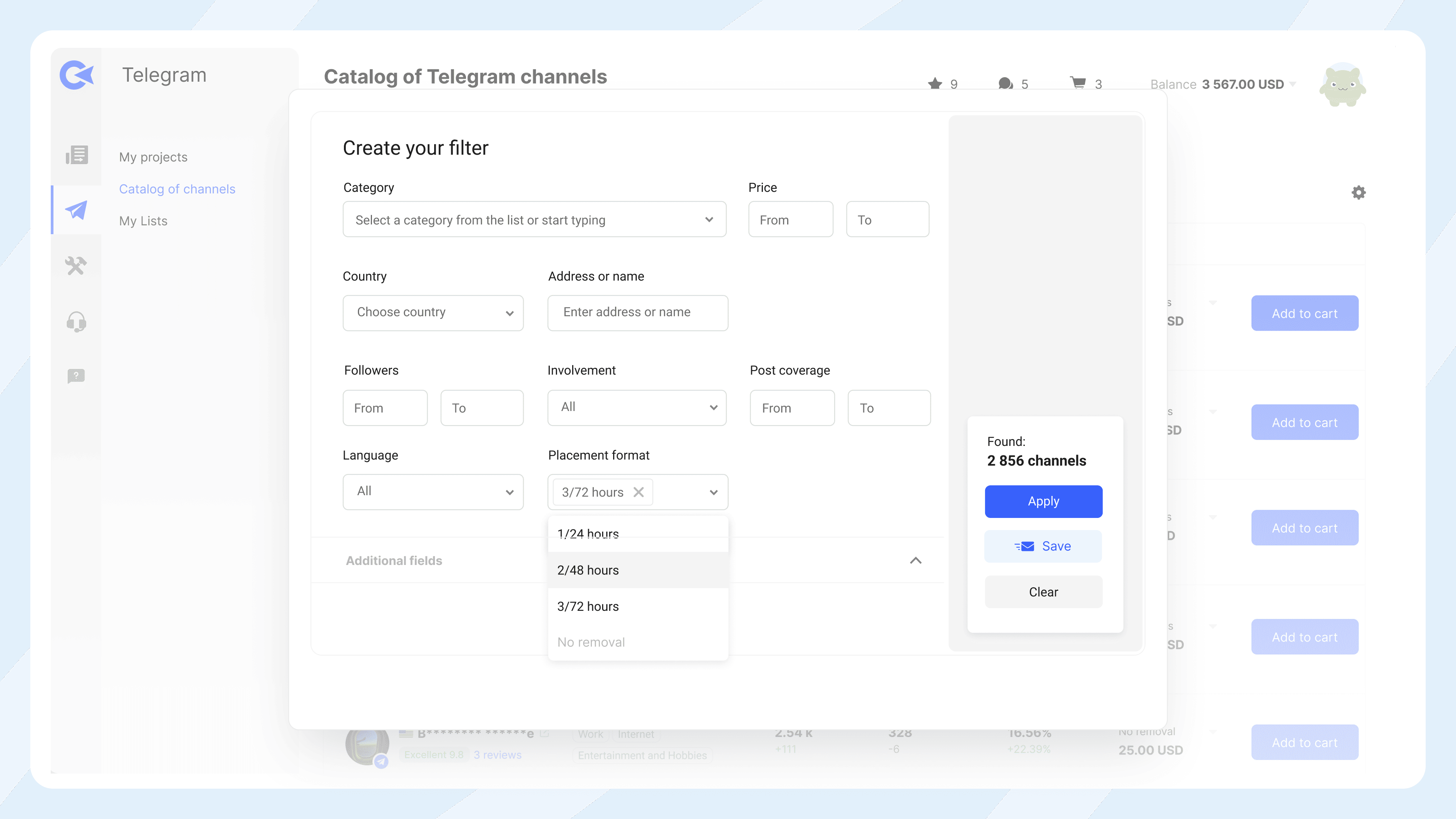 Скріншот інтерфейсу фільтрації каналів Collaborator у Telegram із полями для категорії, ціни, країни, підписників та формату розміщення.
