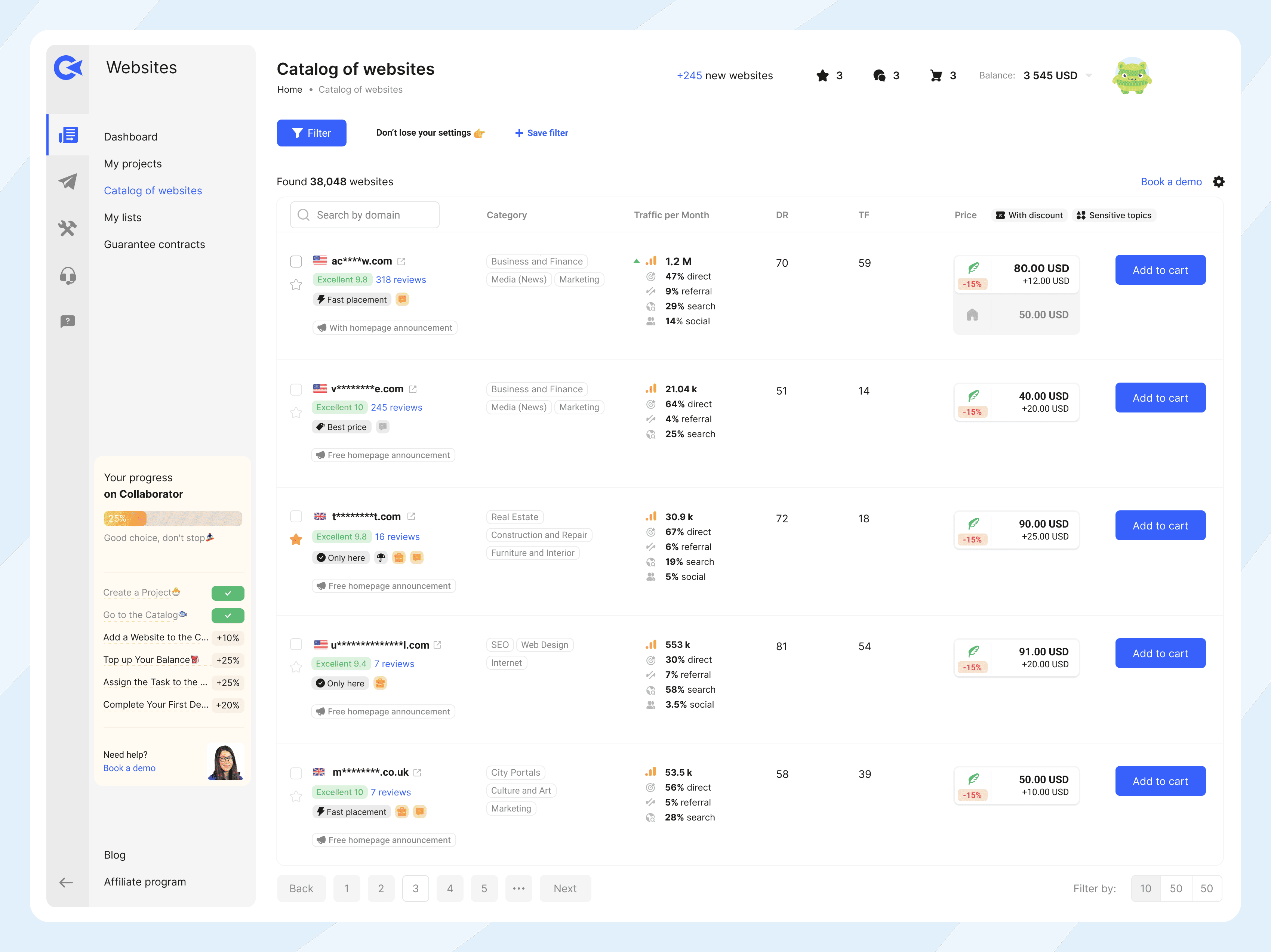 Каталог сайтів Collaborator з 38k+ сайтами, що містить категорії, дані трафіку, авторитет домену та ціни на розміщення статей.